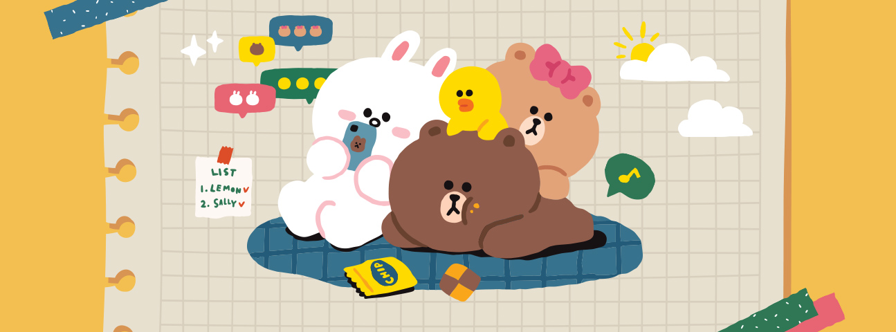LINE FRIENDS relaxing together at home